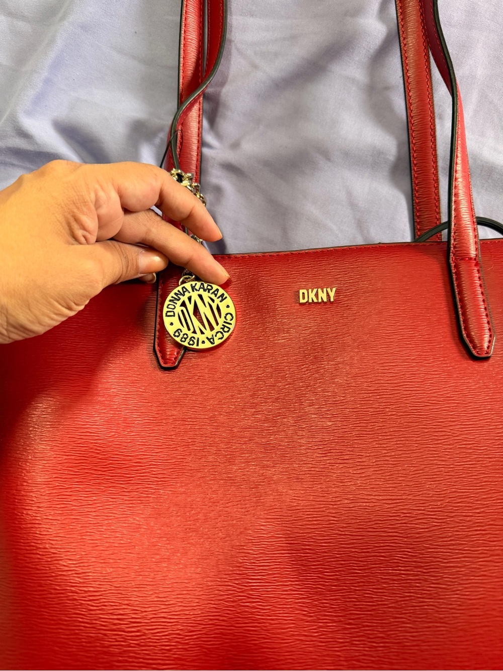 DKNY Red Leather Tote with Gold Logo Charm